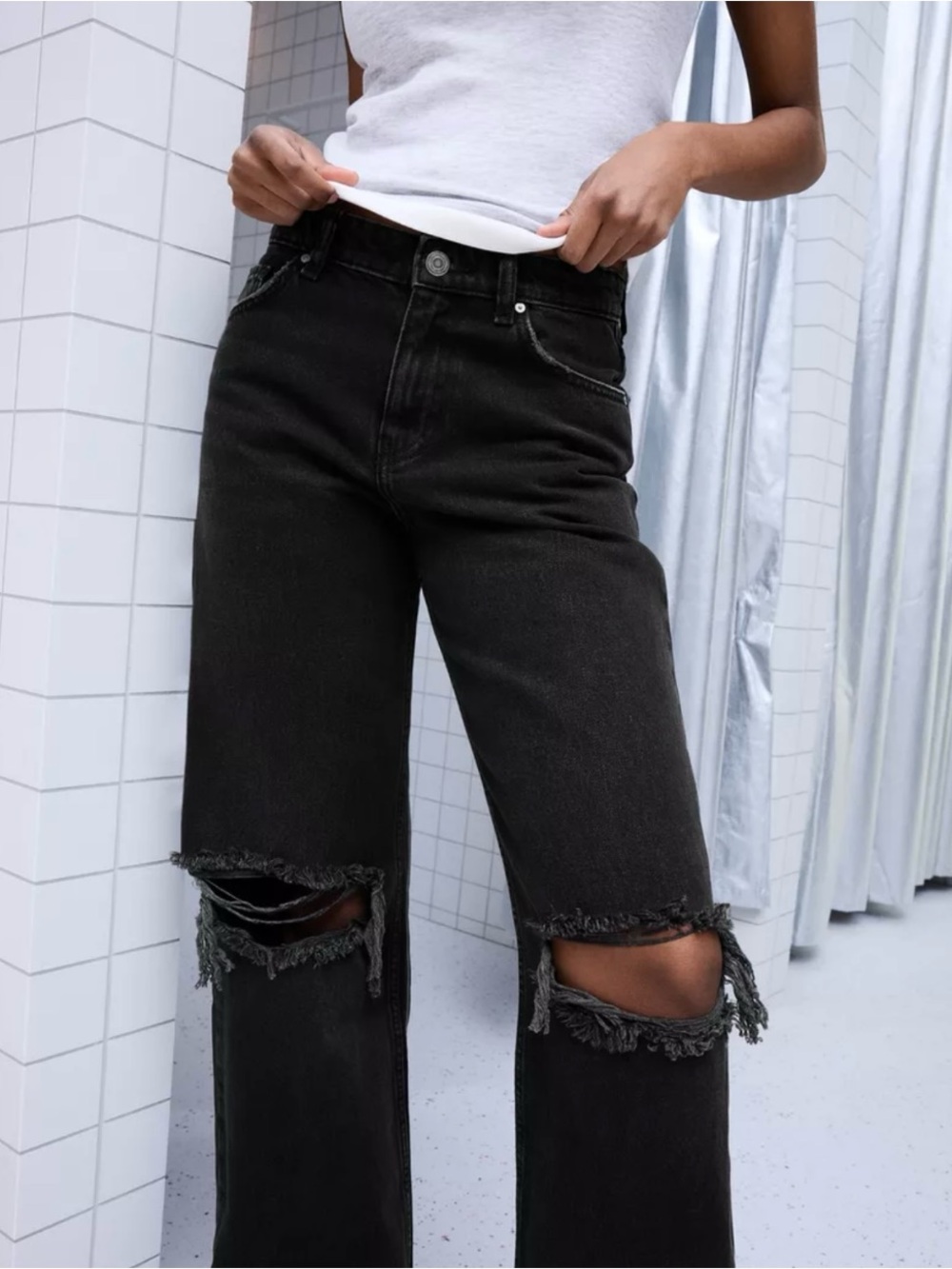 Zara black ripped wide leg jeans